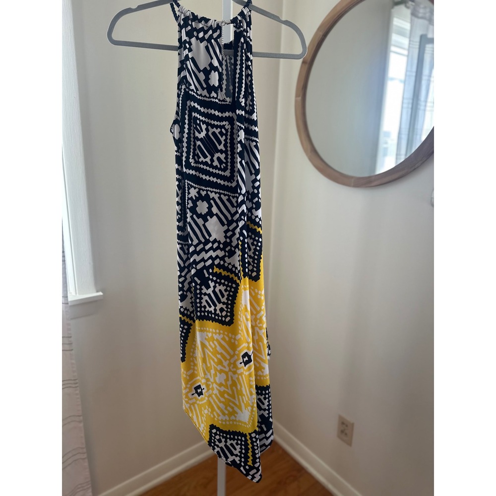 Dressbarn Halter Neck Handkerchief Hem‎ Dress Navy White Yellow Geometric L - Picture 5 of 8